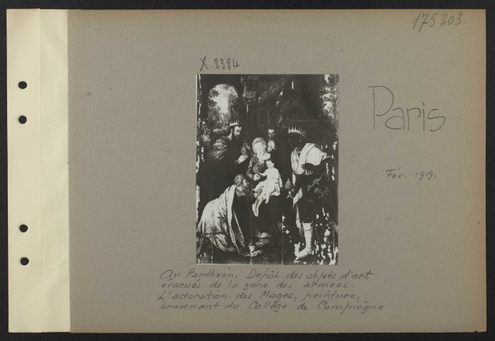Paris. Au Panthéon. Dépôt des objets d'art évacués de la zone des armées. L'adoration des mages, peinture, provenant du collège de Compiègne
