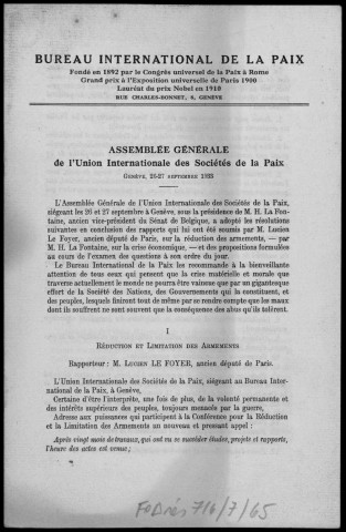 Bureau international de la paix. Assemblée générale de l'Union internationale des Sociétés de la Paix, Genève, 26-27 septembre 1933
