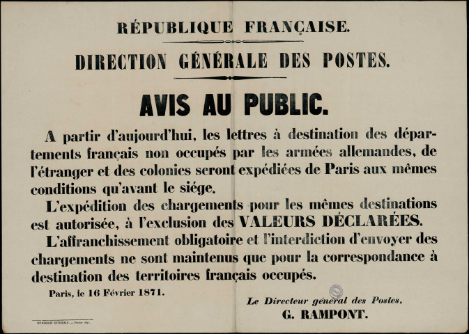 Les lettres à destination des départements français Seront expédiées de Paris