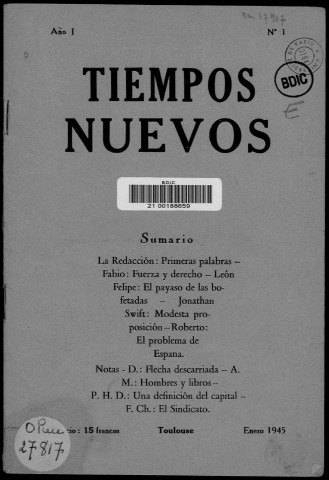 Tiempos nuevos (1945 : n°1). Sous-Titre : revista del Movimiento libertario español