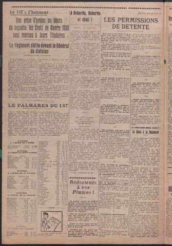 L'Aigle Blanc 137. Journal du front à périodicité et à format variables; Aux armées : E. M. du 137. R. I.; Secteur Postal 94