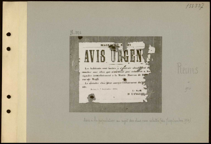 Reims. Avis à la population au sujet des obus non éclatés (du 7 septembre 1914)