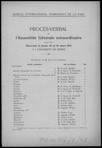 Bureau international permanent de la paix. Procès-verbal de l' Assemblée extraordinaire tenue les mercredi et jeudi, 18 et 19 mars 1914