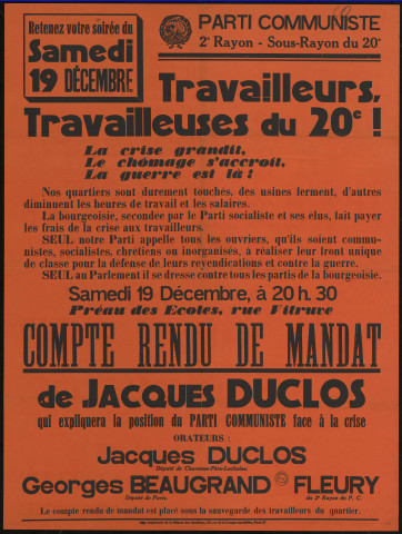 Travailleurs, travailleuses du 20e ! Compte rendu de mandat de Jacques Duclos