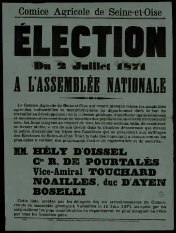 Election du 2 juillet 1871 : Comice Agricole Candidats Liste des noms...