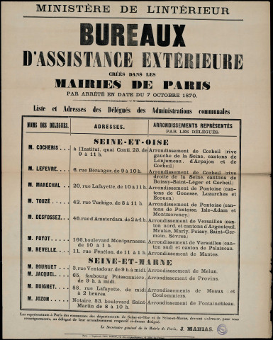Bureaux d'assistance extérieure créées dans les Mairies de Paris par arrêté du 7 octobre 1870
