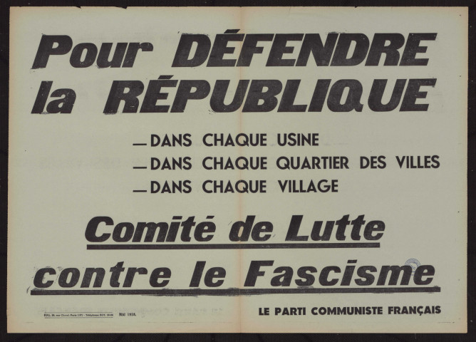 Pour défendre la République : comité de lutte contre le fascisme