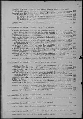 TABLE DES MATIERES : Conférences de Paix. Procès Verbaux et Résolutions.- Conférences et réunions du 28 mars au 4 mai 1919. Sous-Titre : Conférences de la paix