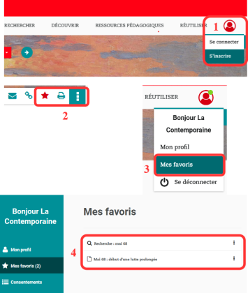Captures d'écran du menu des favoris