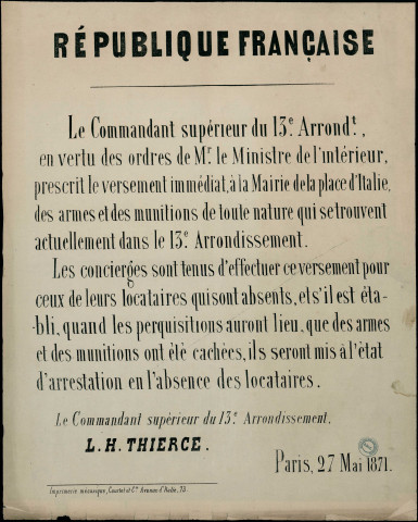 Versement immédiat Des armes et des munitions Qui se trouvent Dans le 13e. Arrondissement...