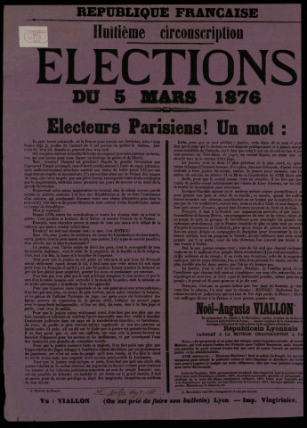 Huitième circonscription Electeurs Parisiens ! Un mot : Noël-Auguste Viallon