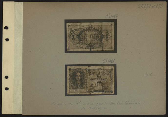 S.l. Coupure de 1 franc émise par la Société Générale de Belgique