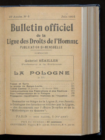 Juin 1916 - Bulletin officiel de la Ligue des Droits de l'Homme