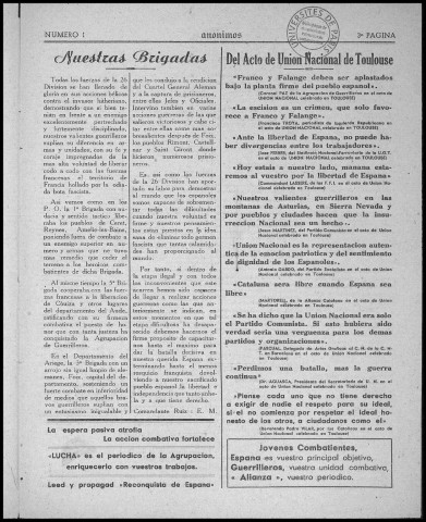 Anónimos (1944 : n°1). Sous-Titre : portavoz de la 26a división de la Agrupación de guerrilleros "Reconquista de España", Anderi (gérant)