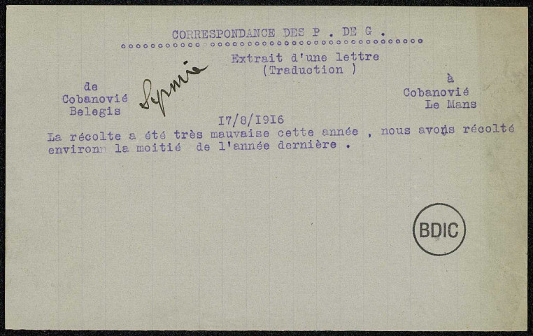 Correspondance de prisonniers de guerre traduite. Documents du Ministère de la Guerre Contrôle postal de Marseille.