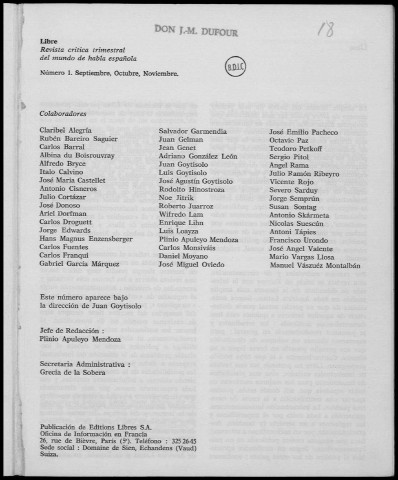 Libre (1971 : n° 1). Sous-Titre : revista crítica del mundo de habla española