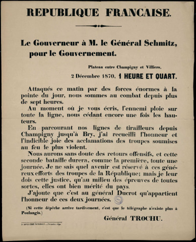 Le Gouverneur à M. le Général Schmitz : attaqués… Nous sommes au combat…