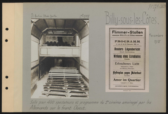 Billy-sous-les-Côtes. Salle pour 400 spectateurs et programme du premier cinéma aménagé par les Allemands sur le front ouest
