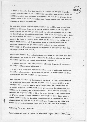 Argentine : situation des détenus disparus, 1980. Sous-Titre : Fonds Argentine