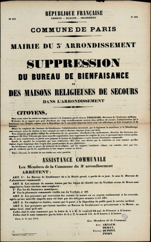 N°292. Suppression du bureau de bienfaisance et des maisons religieuses de secours dans l'arrondissement