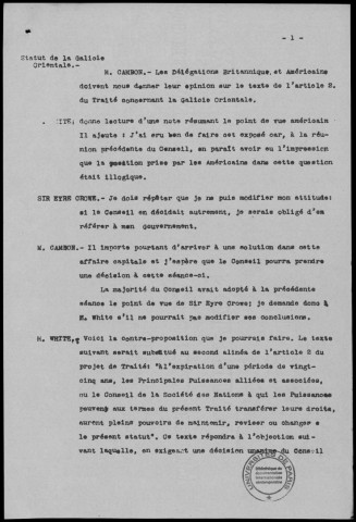 Réunion du 21 novembre 1919 à 10h30. Sous-Titre : Conférences de la paix