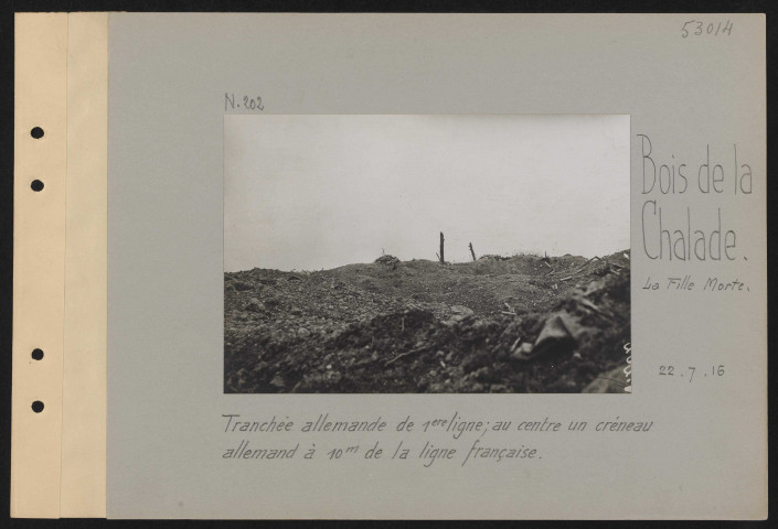 Bois de La Chalade, La Fille Morte. Tranchée allemande de première ligne ; au centre, un créneau allemand à 10 m de la ligne française