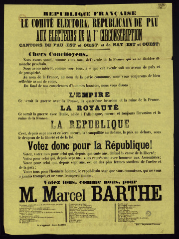 Comité electoral républicain de Pau : Votez tous Pour M. Marcel Barthe