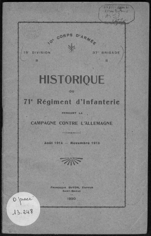 Historique du 71ème régiment d'infanterie