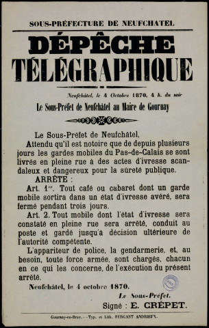 Dépêche télégraphique : Les gardes mobiles du Pas-de-Calais se sont livrés… À des actes d'ivresse…