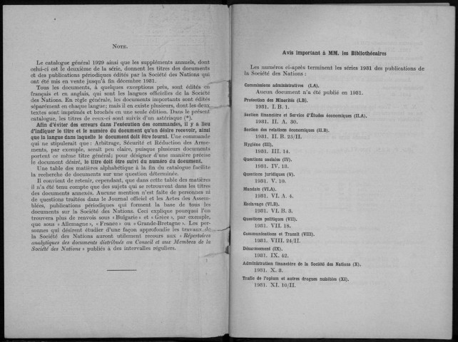 Publications éditées par la Société des Nations. Sous-Titre : Deuxième supplément annuel au Catalogue général de 1929