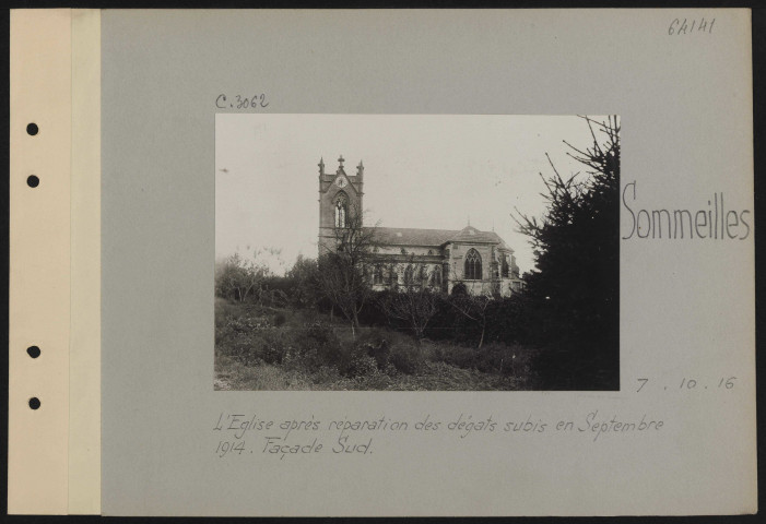 Sommeilles. L'église après réparation des dégâts subis en septembre 1914. Façade sud