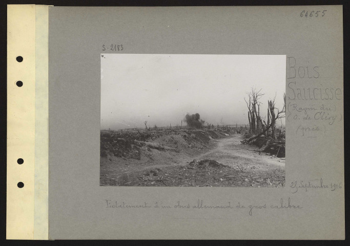 Bois Saucisse (Ravin du) (ouest de Cléry) (près). Eclatement d'un obus allemand de gros calibre