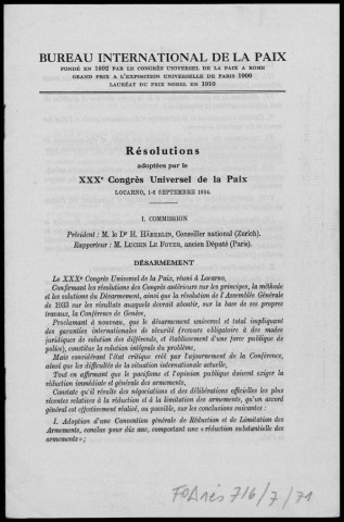 Bureau international de la paix. Résolutions adoptées par le XXXe congrès universel de la paix, Locarno, 1-6 septembre 1934