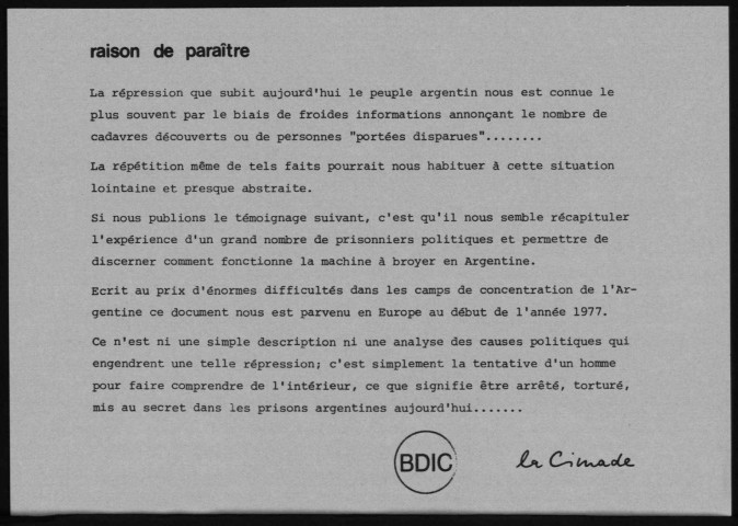 Argentine entre la terreur et l'espérance : témoignage écrit dans un camp de concentration / CIMADE, 1976. Sous-Titre : Fonds Argentine