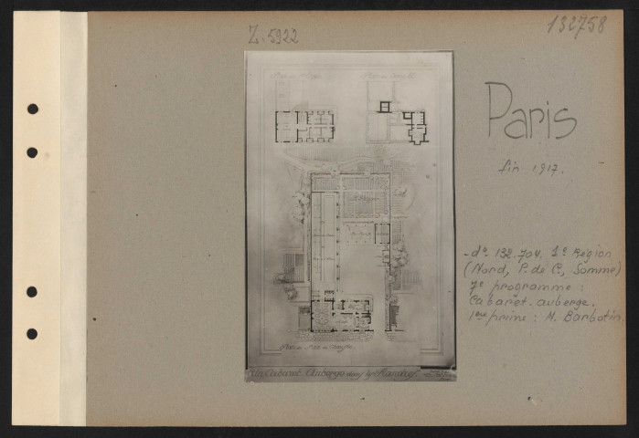 Paris. Musée des arts décoratifs. Exposition des projets d'architecture primés au concours pour la reconstruction des habitations rurales dans les départements envahis. Première région (Nord, Pas-de-Calais, Somme). Septième programme : cabaret-auberge. Première prime : M. Barbotin