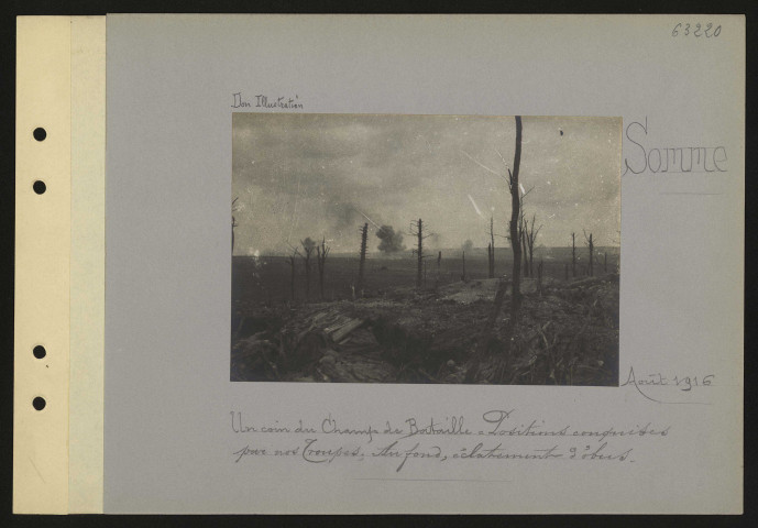 Somme. Un coin du champ de bataille : positions conquises par nos troupes ; Au fond, éclatement d'obus