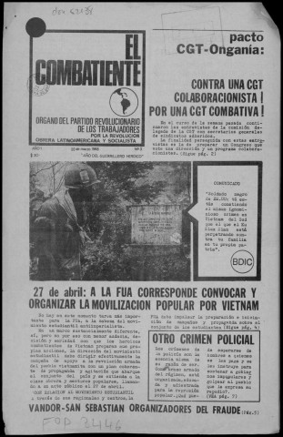 El Combatiente n°3, 22 marzo 1968. Sous-Titre : Organo del Partido Revolucionario de los Trabajadores por la revolución obrera latinoamericana y socialista