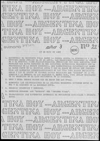 Argentina hoy n°22, 13 mai 1983. Sous-Titre : Fonds COBA