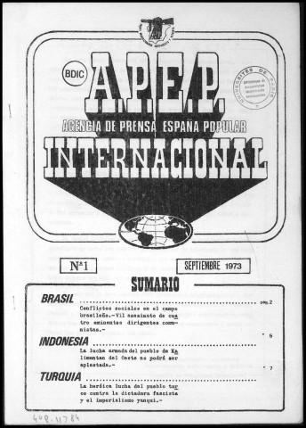 A.P.E.P. Internacional (1973 : n°1 ; 1974 : n° 3 ). Sous-Titre : Agencia de Prensa España Popular