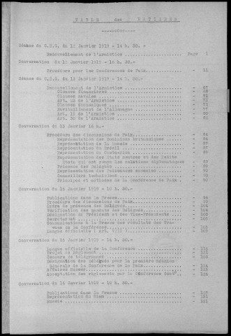 TABLE DES MATIERES : Conférences et réunions du 12 janvier au 22 janvier 1919. Sous-Titre : Conférences de la paix
