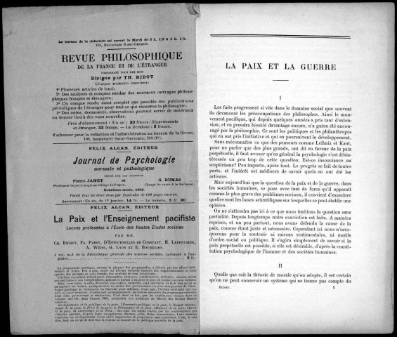 La Paix et la Guerre. Sous-Titre : Revue philosophique de la France et de l'étranger. Trentième année, n°2.