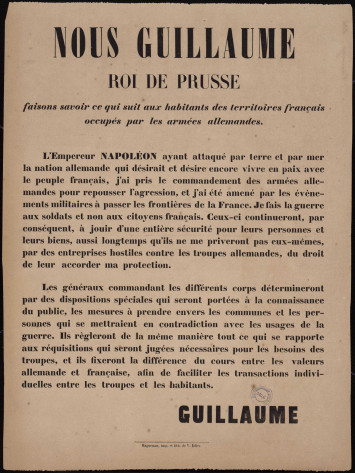 Affiche intitulée "Nous Guillaume, Roi de Prusse" et couverte de texte