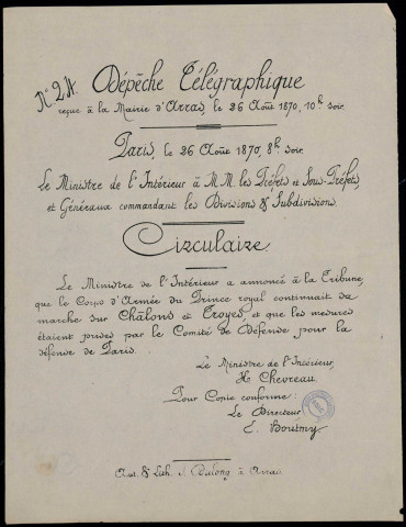 Dépêche télégraphique : le corps d'armée du prince royal continuait sa marche sur Châlons et Troyes…