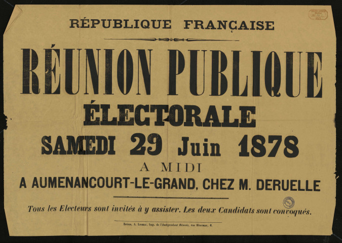 Réunion publique électorale Samedi 29 Juin 1878 À Aumenancourt-le-Grand