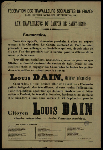 Fédération des travailleurs socialistes de France : Vous voterez Pour le Citoyen Louis Dain