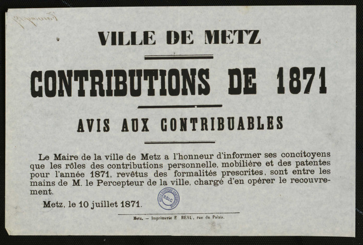 Contributions de 1871 : Avis aux contribuables
