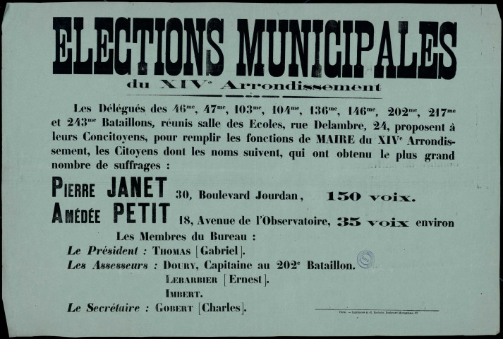 Elections municipales du XIVe arrondissement : citoyens dont les noms... Ont obtenu le plus grand… suffrage