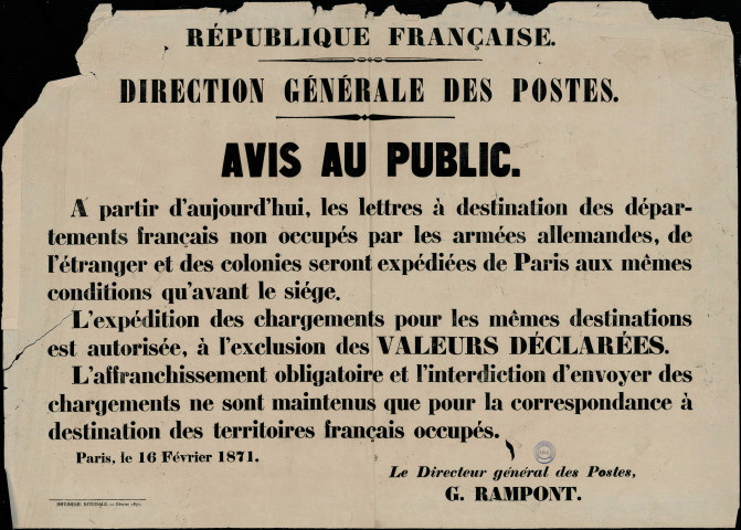 Les lettres à destination des départements français Seront expédiées de Paris