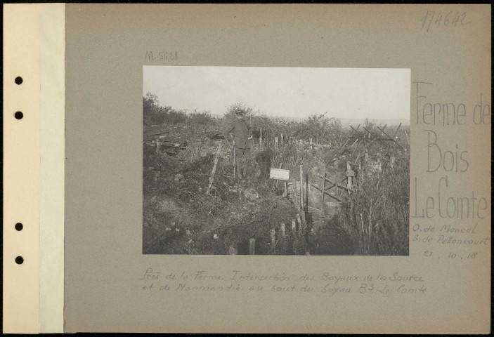 Ferme de Bois Le Comte (ouest de Moncel, sud de Pettoncourt). Près de la ferme. Intersection des boyaux de la source et de Normandie au bout du boyau B3 Le Comte