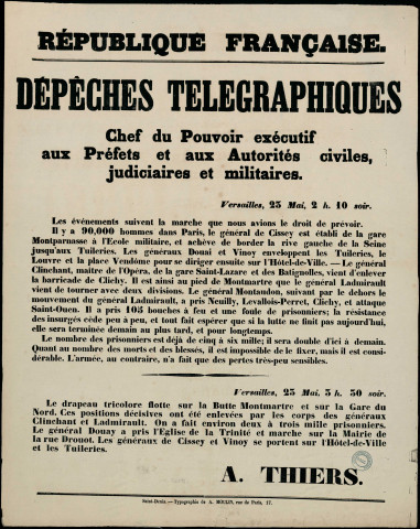 Dépêche télégraphique : Le général de Cissey est établi de la gare Montparnasse à l'Ecole Militaire